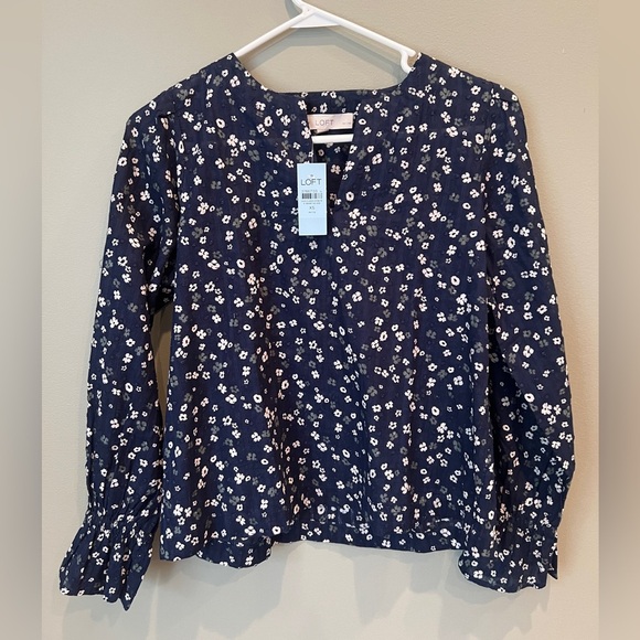NWT Loft navy Petite Bloom split neck long sleeve blouse size petite xsmall - Picture 4 of 9